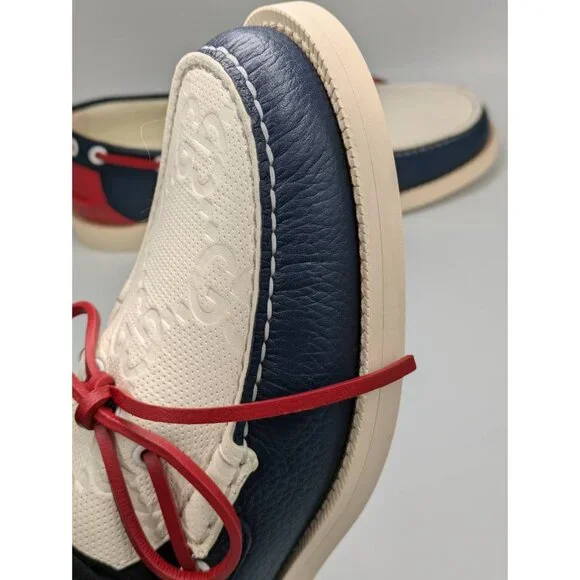 Gucci Men's Riverside Moccasin Calfskin GG Boat Shoes Blue/Off White 745968 UK9 - Picture 8 of 12